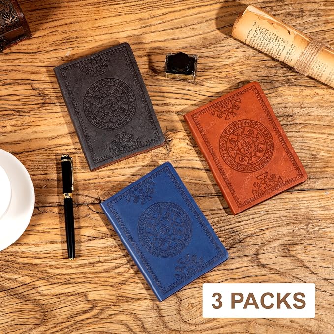CAGIE 3 Pack Small Notebook for Men Soft Cover Pocket Notebook Leather Journals for Writing, 672 Lined Pages Mini Notebooks for Work 3x5, A6 Little Notebook, Black Brown Blue