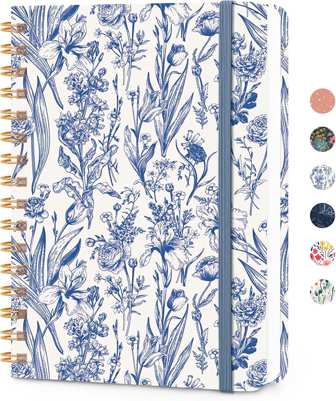 CICPAP Lined Spiral Journal Notebook, A5 College Ruled Notebook for Journaling, Note-Taking, and Daily Planning, Durable Hardcover with an Elegant Design，Blue Floral