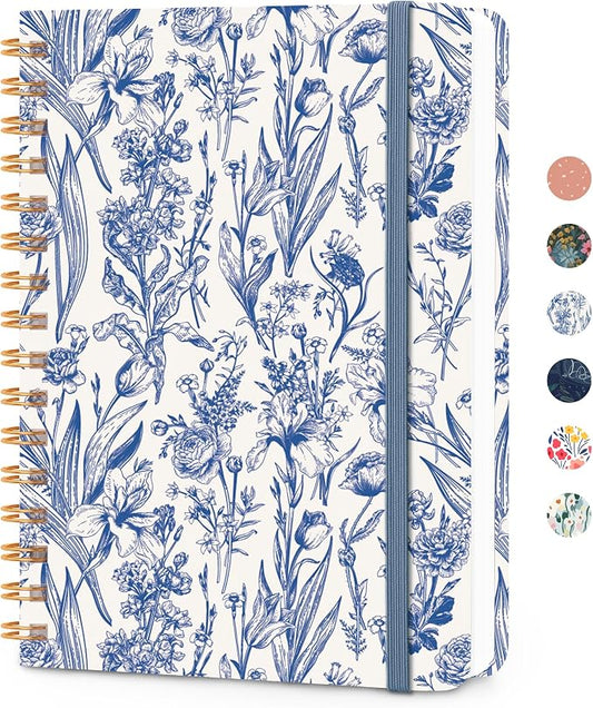 CICPAP Lined Spiral Journal Notebook, A5 College Ruled Notebook for Journaling, Note-Taking, and Daily Planning, Durable Hardcover with an Elegant Design，Blue Floral