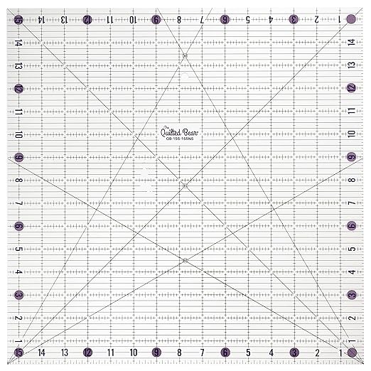 The Quilted Bear Square Quilting Ruler, Transparent Acrylic, 15.5" x 15.5" | Non-Slip, Precise Bold Lines, 30, 45 & 60 Degree Angles, 3mm Thick Transparent Acrylic, for Quilt Blocks, Sewing & Craft