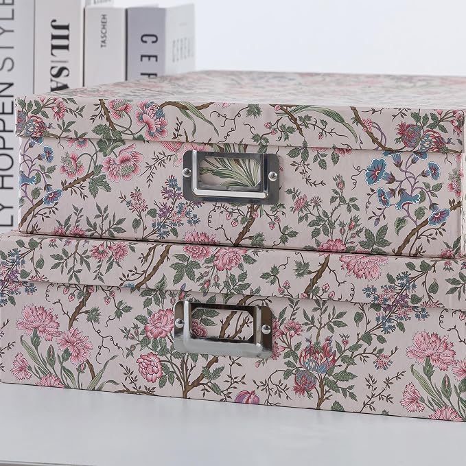 Soul & Lane - Nesting Floral Photo Storage Boxes with Lids, Set of 3 | Large Decorative Cardboard Memory Box Set for Keepsakes, Documents and Scrapbook Paper, Pretty Letter Organizers for Decor