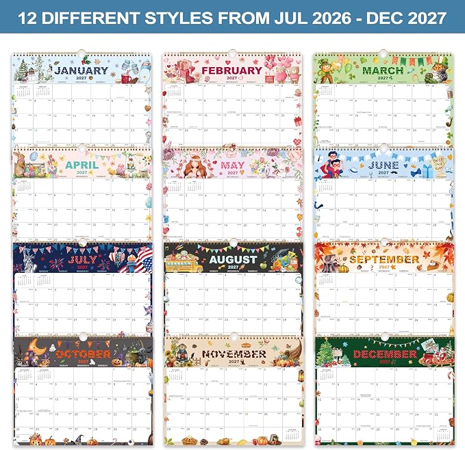 2026-2027 Wall Calendar - Large Calendar 2026-2027, Jul. 2026 - Dec. 2027 | 15" x 12", 18-Month Calendar Wall with Hanging Hook, Perfect Wall Calendar for Organizing - 12 Different Themes