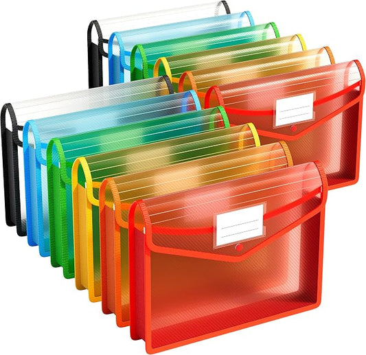 ABC life 12 Pack Plastic Expanding File Folder, Folders for Documents with Snap Closure, Colorful File Folder Organizer Holder, Transparent Accordion File Pouch,Large Capacity, Fit Letter/A4 Size