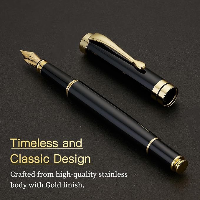 MCNTEIK Fountain Pen-Luxury Black and Gold Finish, 18K Gilded Nib(Fine), Smooth Ink Flow, Complete Set with 4 Black Ink Cartridges, Converter & Gift Box-Ideal for Professionals, Office, Journaling