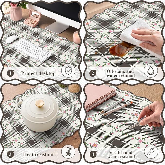 iCasso Retro Flowers Mouse Pad, XXL Large Leather Mouse Pad,Back to School Desk Matt for Desktop Protector, Anti-Slip Mousepad with Scalloped Stitched Edges for Laptop Computer Keyboard(Black)