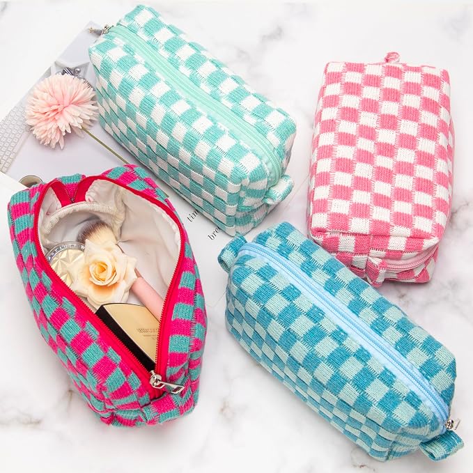 PAZIMIIK Checkered Makeup Bag for Purse, Small Travel Cosmetic Pouch,Pink | Cute Zipper Makeup Organizer for Women, Travel Essentials, Toiletries, Makeup Brushes, Beauty Accessories&Bridesmaid Gifts