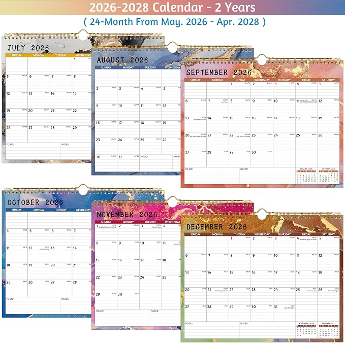 Wall Calendar 2026-2028 – 2 Year Calendar 2026-2028, May 2026 – Apr 2028, 14.57 x 11.42 In, 2026 Calendar 24 Months, Monthly Calendar 2026, with Ruled Blocks, Thick Paper, Holidays, To-do List ＆ Notes