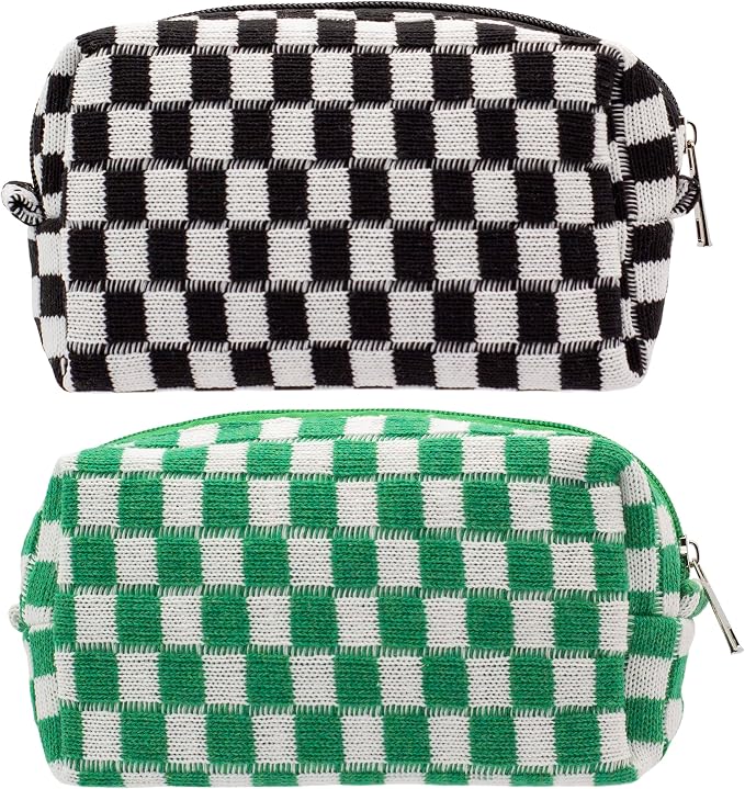 Checkered Makeup Bag for Purse, Small Cosmetic Pouch,Black Green,2 Pack | Cute Zipper Makeup Organizer for Women, Travel Essentials, Toiletries, Makeup Brushes, Beauty Accessories&Bridesmaid Gifts