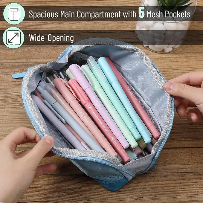 Mr. Pen- Wide-Opening Pencil Case, Triangle Design | Compact & Spacious Pencil Cases with 5 Mesh Pockets, Bag Pouch, Box Organizer for Students, School Supplies, Aesthetic Supply
