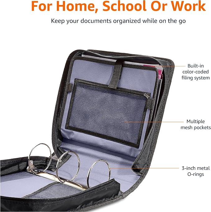 Amazon Basics Durable 3 Ring Binder with Zipper and Strap, Multiple Pockets, Sturdy Storage for School and Office, 3 inch, Black