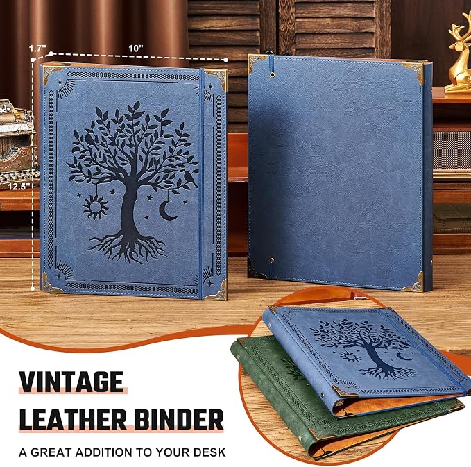 Ovesmusl Leather 3 Ring Binder Fits 8.5"x11" Letter Size Paper, 1 Inch Round Ring Binder Holds 200 Sheets, Notebook Cover Loose Leaf Organizer, Blue Tree