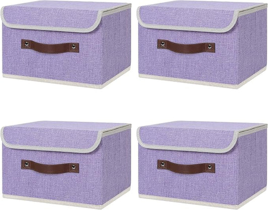 ANMINY 4PCS Storage Bin with Lid Storage Boxes with PU Leather Handles PP Plastic Board Decorative Foldable Lidded Cotton Linen Fabric Home Cubes Baskets Closet Organizer Container - Purple, Medium