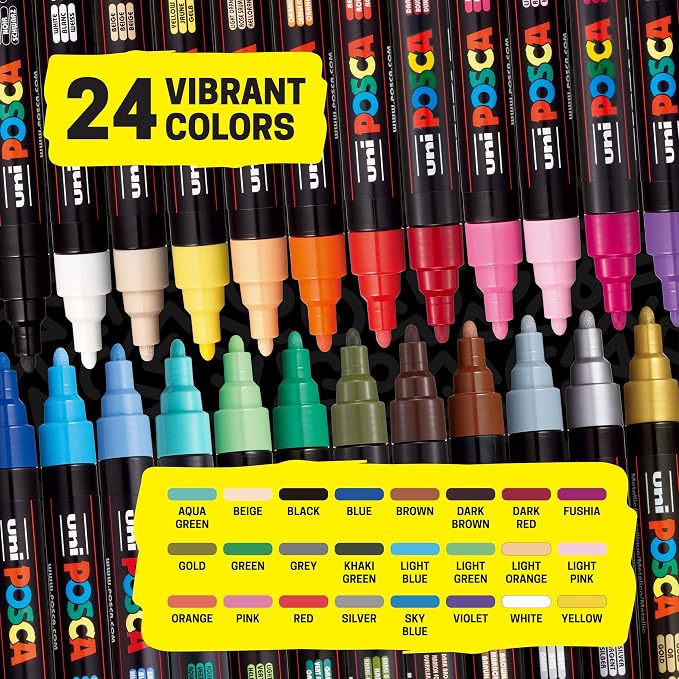 POSCA® PC-5M Paint Markers, 24 Count Medium Reversible Tip Set (1.8–2.5 mm) | Water-Based Opaque Paint Pens for Rock Painting, Wood, Glass, Crafts & Art Projects