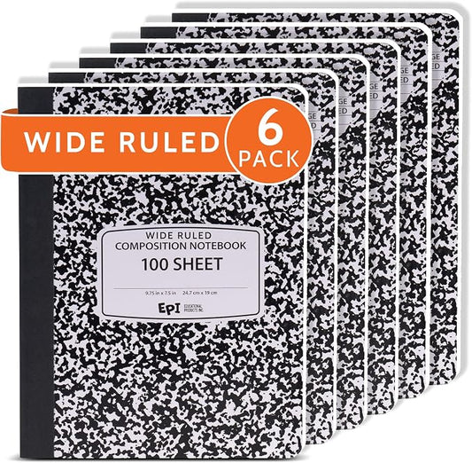 6 Pack - EPI Marble Hardcover Wide Ruled Composition Notebook | 200 Pages (100 Sheets), 9.75 x 7.5 in, Sturdy Sewn Binding | School, Office, Journaling, Notes
