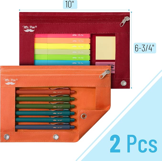 Mr. Pen- Pencil Pouch for 3 Ring Binder, 2 Pack, 10"x6.75", Smooth Zipper | Clear Window, Large Capacity Pencil Case with 3 Reinforced Grommets for School, Office, Supplies Storage | Clear Window, Large Capacity Pencil Case with 3 Reinforced Grommets f...