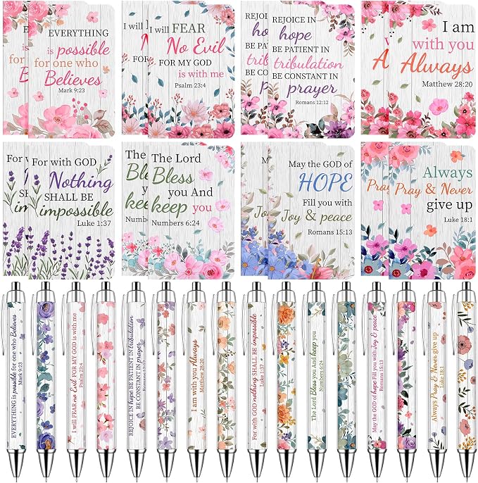 32 Pcs Flower Bible Verse Ballpoint Pens Notebooks Set Christian Gifts Bulk for Women Men Religious Gift Notepad Ink Pen Inspirational Church Party Favors for Colleague Coworker Office School