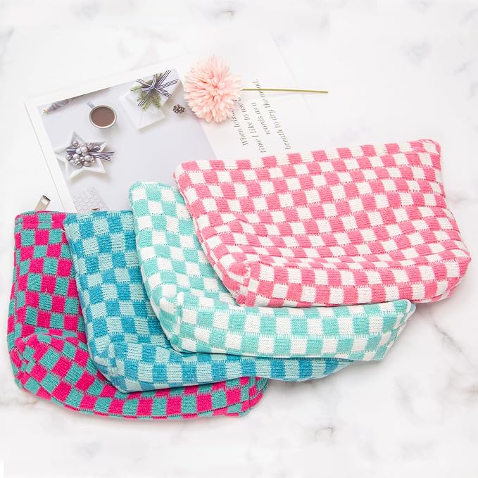 Checkered Makeup Bag for Purse, Small Flat Cosmetic Pouch,Lake Blue | Cute Zipper Makeup Organizer for Women, Travel Essentials, Toiletries, Makeup Brushes, Beauty Accessories&Bridesmaid Gifts