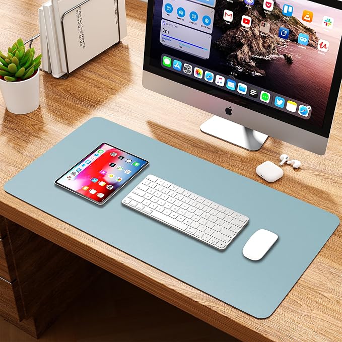 Leather Desk Pad Protector, Waterproof Mouse Pad, PU Desk Mat, Office Desk Cover, Desk Writing Mat for Office/Home/Work/Cubicle (Light Blue/Silver) 23.6x13.7 in