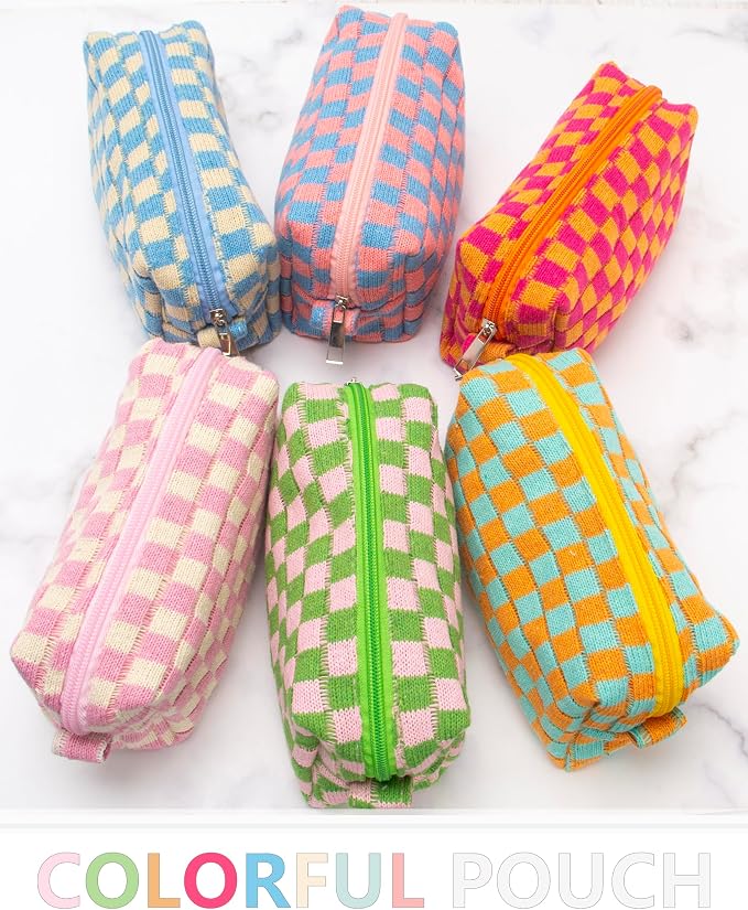 Checkered Makeup Bag for Purse, Small Cosmetic Pouch,Blue Beige,2 Pack | Cute Zipper Makeup Organizer for Women, Travel Essentials, Toiletries, Makeup Brushes, Beauty Accessories&Bridesmaid Gifts