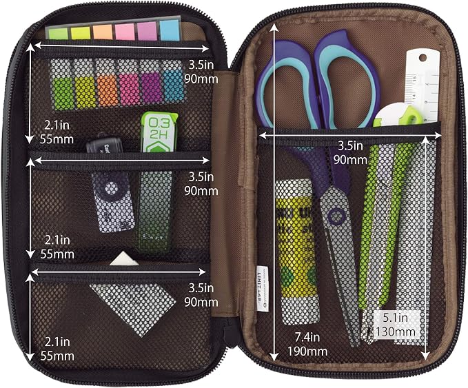 LIHIT LAB Large Capacity Triple Zipper Pencil Case For School Office College, Big Capacity 8 Compartments Pencil Bag Holder Adults Teen Boys Girls, Travel Cosmetics Storage, Jet Black (A7556-124)