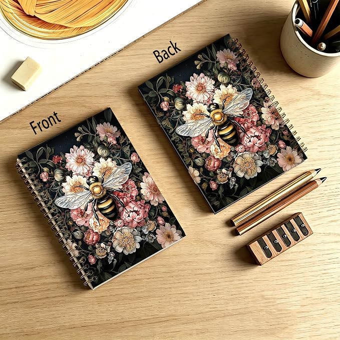 HOXUNQINA Vintage Moody Floral Bumblebee Journal Notebook 5.5x8.3 | Bumblebee Lover Gifts for Women Journal, Dark Cottagecore Wildflower Aesthetic Notebooks for Work