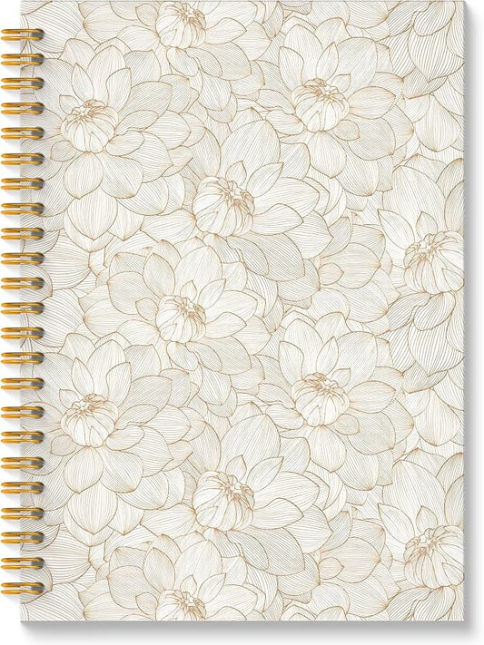 Lotus Floral Spiral Notebook, Vintage Beige Lotus Flower Journal, Neutral Botanical Aesthetic Journal Notebook, Prayer Office Diary Wedding Gifts, Gifts for Girl Mom Lady Woman, 5.5x8.3 Inch
