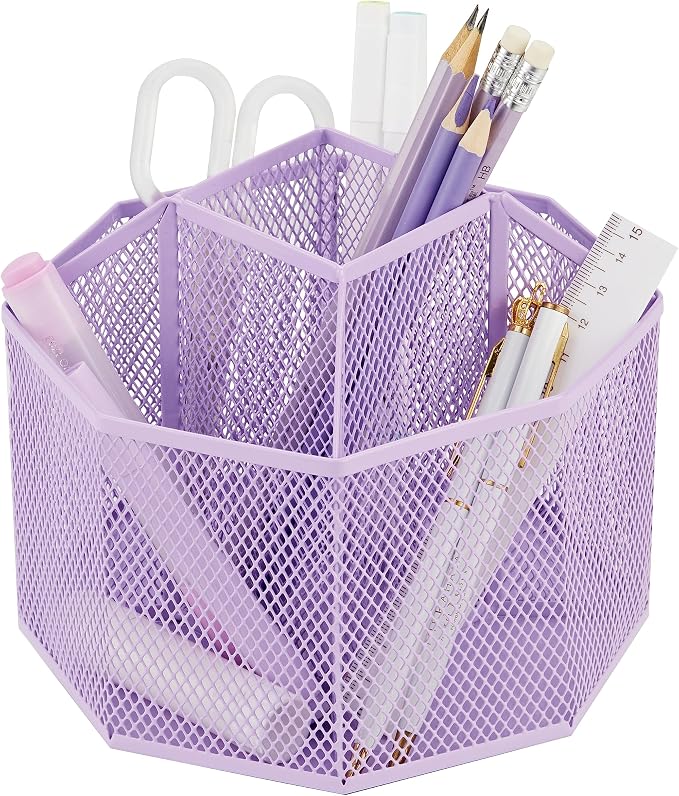 Annova Mesh Desk Organizer Rotate with 5 Compartments Spinning Tidy Candy/Pen Holder Office, Art Supply, Storage, Classroom, Home (Light Purple)