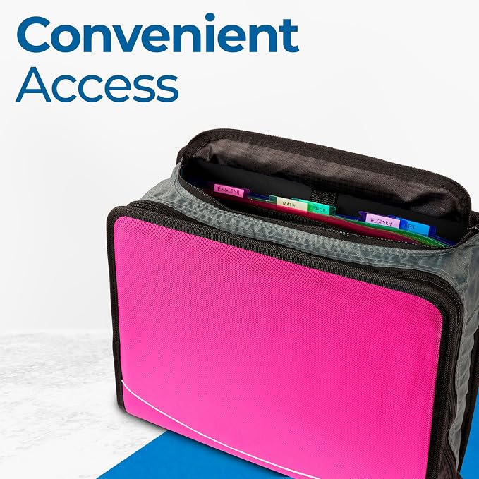 Case-it Mighty Zip Tab School Zipper Binder | 3-Inch O-Rings, 600-Sheet Capacity, 5-Subject Expanding File Folder, Multiple Pockets & Storage Organizer, Shoulder Strap | D-146 Magenta