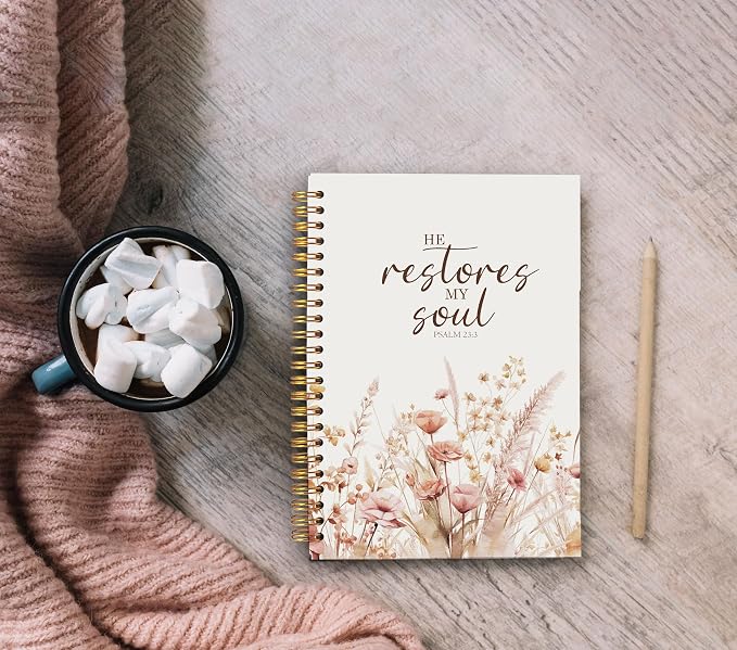 Christian Notebook for Women, Christian Gifts Journal, Prayer Journal for Women, Bible Journaling Notebook, PSALM 23:3 He Restores My Soul Floral Spiral Notebook 5.5x8.3