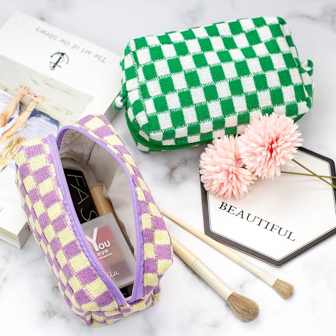PAZIMIIK Checkered Makeup Bag for Purse Portable Zipper Make Up Pouch Small Cosmetic Case for Travel Accessories (Purple) | Cute Zipper Makeup Organizer for Women, Travel Essentials, Toiletries, Makeup Brushes, Beauty Accessories&Bridesmaid Gifts