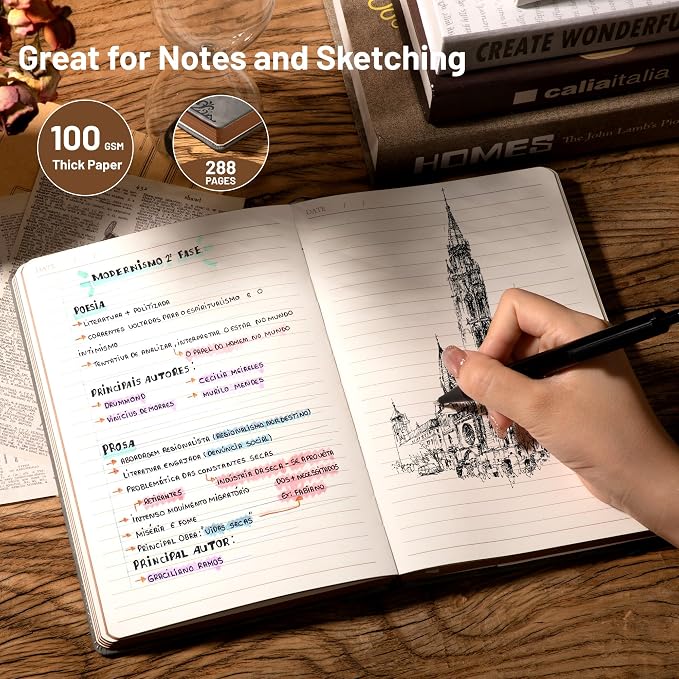 CAGIE Compass Leather Journal Gift for Men - Vintage Writing Notebook with Pen, 100 GSM 288 Page Lined Journal A5 Hardcover, 180° Lay Flat, Daily, Travel, Office & Gift Idea