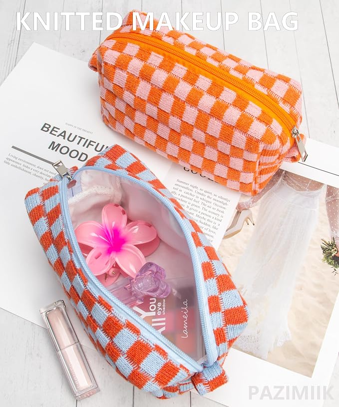 Checkered Makeup Bag for Purse, Small Travel Cosmetic Pouch,Orange Blue | Cute Zipper Makeup Organizer for Women, Travel Essentials, Toiletries, Makeup Brushes, Beauty Accessories&Bridesmaid Gifts