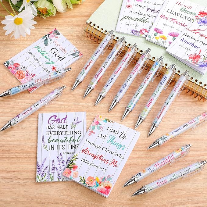 Colarr 12 Sets Christian Bulk Gifts for Women Bible Verse Pens Notebooks Religious VBS Scripture Ballpoint Pens Bookmarks Journal for Easter Sunday School Church Inspirational Supply(Floral)