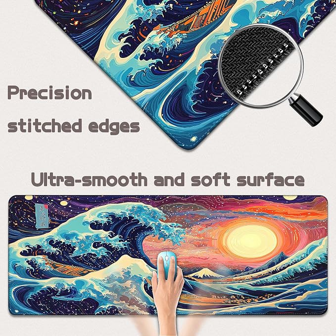 Mouse Pad Gaming - Desk Mat for Keyboard and Mouse - Kanagawa Large Mouse Pad for Desk, Japanese Sea Wave Mousepad (31.5" x 11.8") with Non-Slip Base, Desks Pad Mat for Gaming, Office and Home