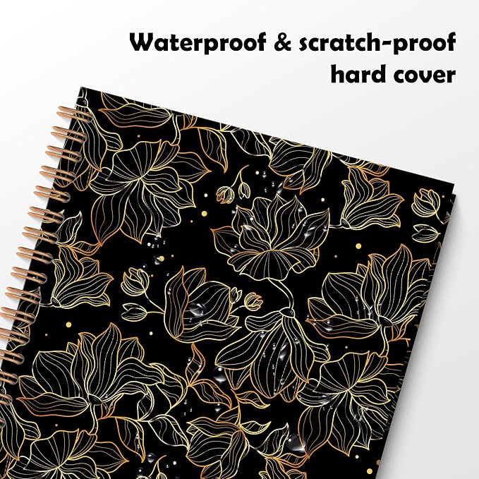 Black and Gold Floral Spiral Notebook, Abstract Modern Luxury Flower Journal for Women, Elegant Vintage Botanical Linear Floral Hardcover Notebook Journal, 5.5x8.3 Inch