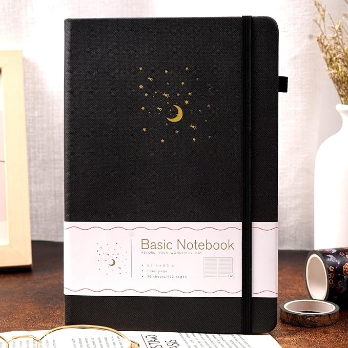 CAGIE Journal Notebook for Women Men, Hardcover Lined Notebooks Journals for Writing Work Journaling Note Taking Diary with Pen Loop (Black Ruled), Gifts, 5.7" x 8.3", 196 Pages