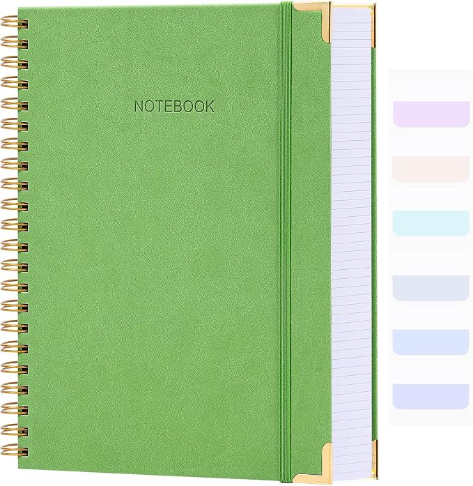 Spiral Notebook, College Ruled Notebook Journal, 8.5” x 11”, 300 Pages Leather Writing Journal for Women Men, A4 Hardcover Notebook for Work School, 24pcs Index Tabs, Green2