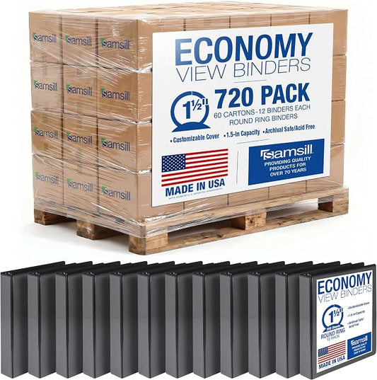 Samsill Economy 1.5 Inch 3 Ring Binder Bulk Pallet, Round Ring Binder, Customizable Clear View Cover, Black, Pallet of 720 Binders in 60 Cartons