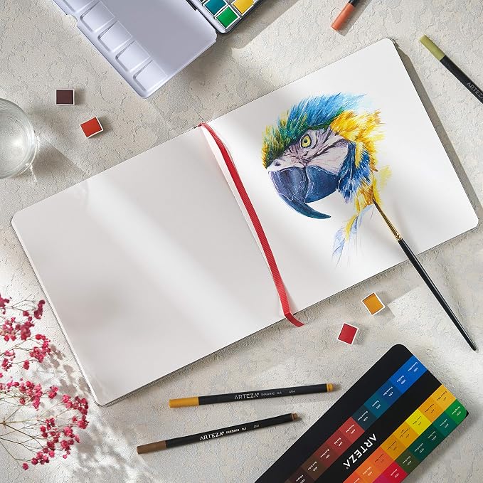 ARTEZA Watercolor Sketchbooks, Pack of 2, 8.25 x 8.25 Inches, 68 Pages Each, 110 lb / 230 GSM, Cold Press, Dual-Sided, Acid-Free Linen-Bound Hardcover Books for Watercolor and Mixed Media