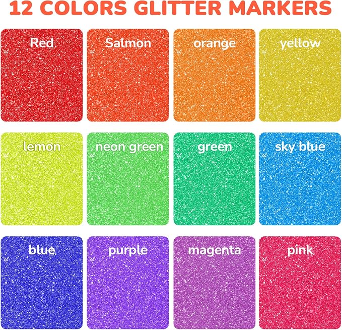 JoyCat 12-Color Glitter Markers for Kids, 3mm Paint Pens, High-Capacity Ink | Sparkle markers and glitter pens with 3ml ink and 3mm tips create shimmering art on paper, rocks, wood and glass for kids.
