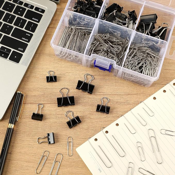 SANNIX 500Pcs Paper Clips and Binder Clips Assorted Sizes, Silver Paper Clips Black Binder Clips with Large Medium Small Size in Container for Office Home School Supplies Document Organizing