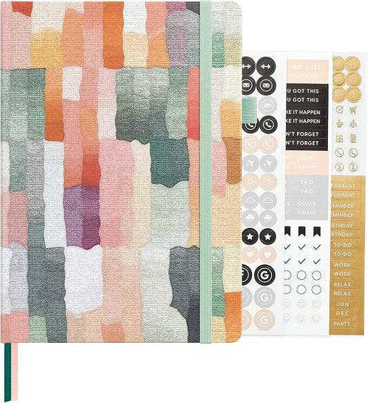 &And Per Se Dotted Journal Notebook, A5 Hardcover Aesthetic Dotted Notebook – 160 Pages 100gsm Thick Dot Grid Paper, 3 Sticker Sheets – Gift-Ready Journaling Kit for Women (Colorful Stripes)