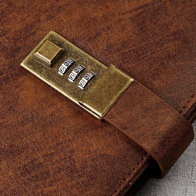 WEMATE Diary with Lock, A5 PU Leather Journal with Lock 240 Pages Brown | Vintage Lock Journal Password Notebook with Pen & Gift Box, Lock Diary Planner Organizer for Men and Women, 8.6x5.8in