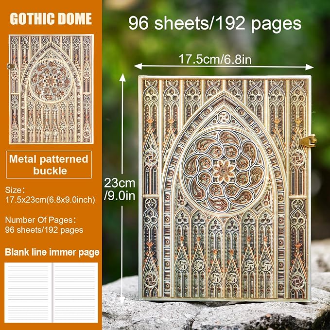 Retro 3D Hot Stamping Gothic Dome Patterned Cover Notebook,Contains 96 Sheets/192 Blank Lines Lined Journal,With Envelope Pocket Journal,Suitable As A Notebook,Travel Diary,Wedding Anniversary.