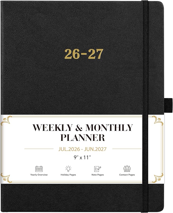 2026-2027 Planner - Weekly and Monthly Planner 2026-2027, Jul.2026 - Jun.2027, 9" x 11", 26-27 Calendar Planner with Inner Pocket + Bookmarks+ Leather Hardcover, Black