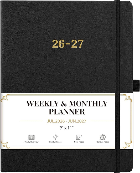 2026-2027 Planner - Weekly and Monthly Planner 2026-2027, Jul.2026 - Jun.2027, 9" x 11", 26-27 Calendar Planner with Inner Pocket + Bookmarks+ Leather Hardcover, Black