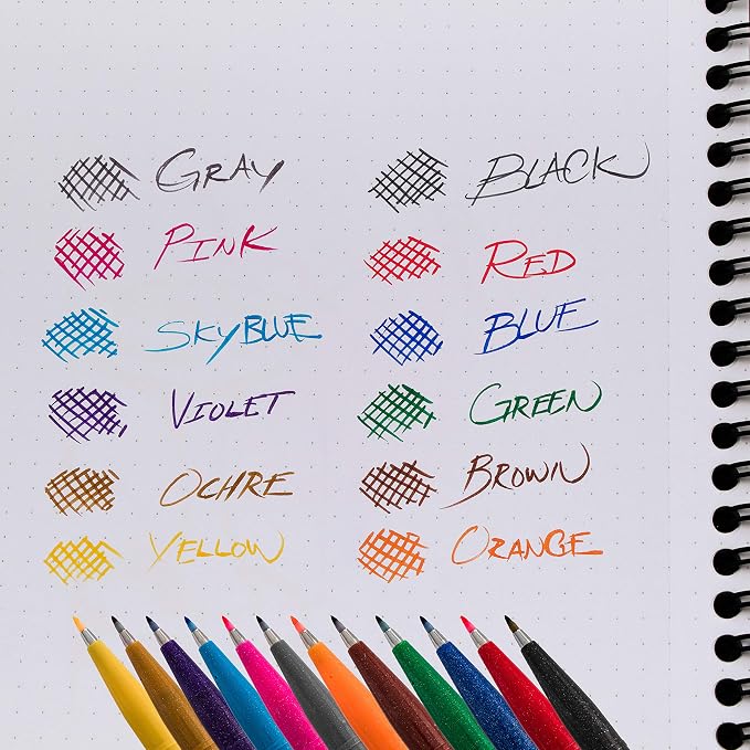 Pentel Arts Sign Pen Touch, Fude Brush Tip, 12 Assorted Colors in Marker Stand (SES15CPC12)