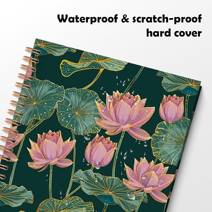 Pink Lotus Flower Spiral Notebook, Dark Green and Gold Lotus Leaves Floral Journal, Vintage Luxury Water Lily Nature Botanical Hardcover Notebook Journal, 5.5x8.3 Inch