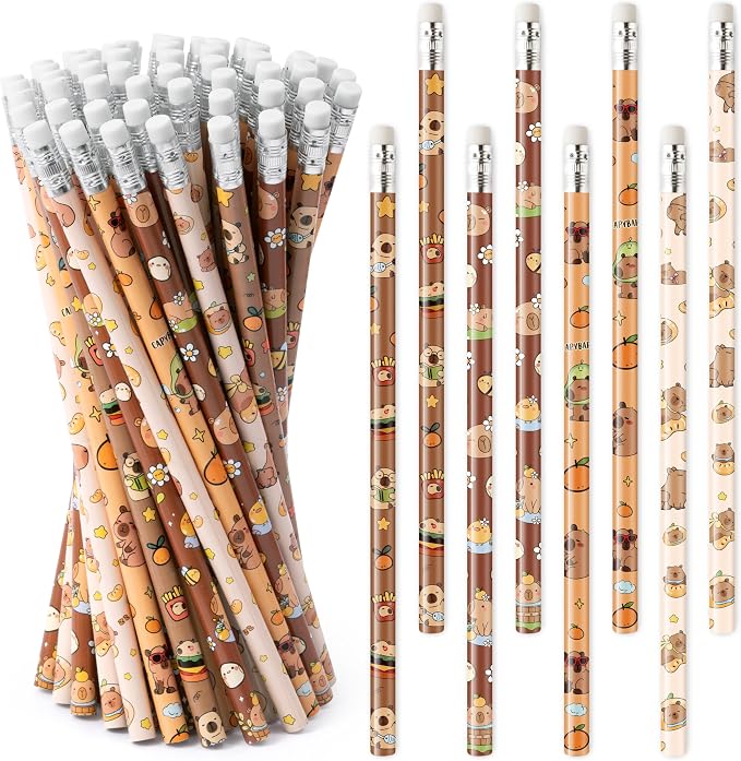 Xqumoi CAPY Pencils with Eraser - Cute CAPY #2 HB Pencils, School Classroom Student Rewards Back to School Office Supply Animal Print Goodie Bag Fillers Stuffers Birthday Party Favors