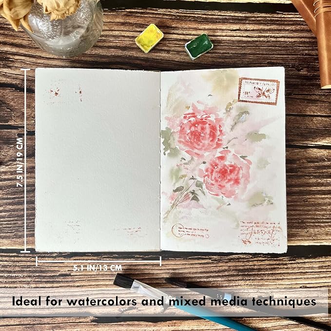 tumuarta Deckle Edge Watercolor Paper Sketchbook, 100% Cotton Vintage Leather Journal, 140 Lb, 300 GSM, 24 Sheets Handmade Diary for Mixed Media Techniques. (Brown, 7.5"x5")
